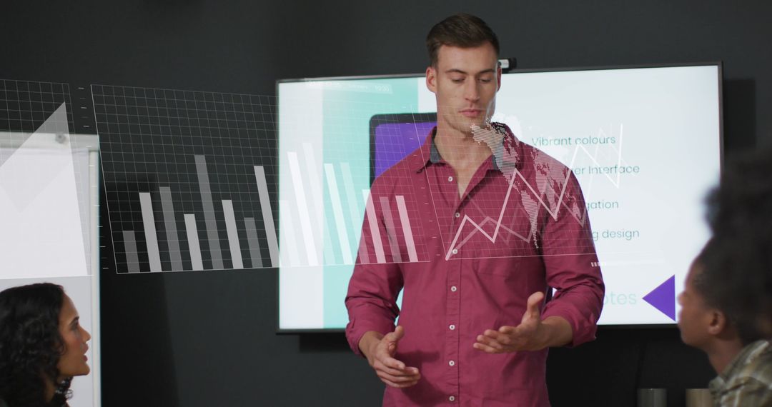 Man leading business meeting with digital analytics overlay