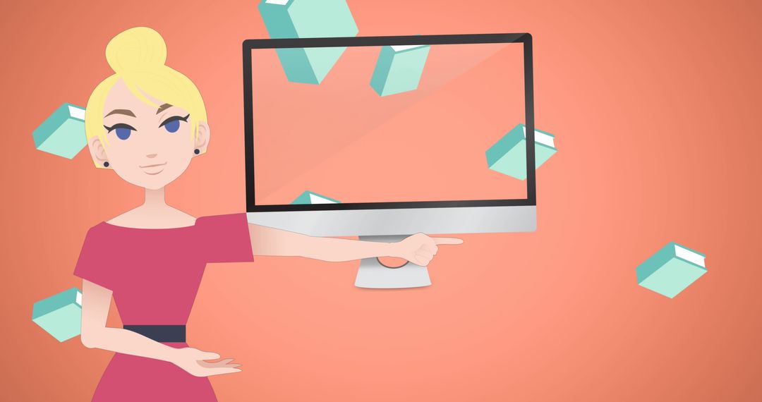 Animated Woman Pointing at Computer and Books Concept
