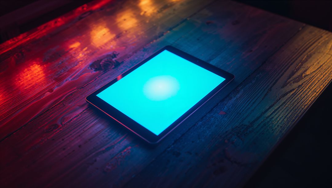 Tablet with Glowing Screen on Ambient Wooden Table