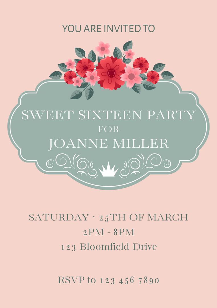 Sweet Sixteen Birthday Party Invitation with Floral Decoration - Download Free Stock Templates Pikwizard.com