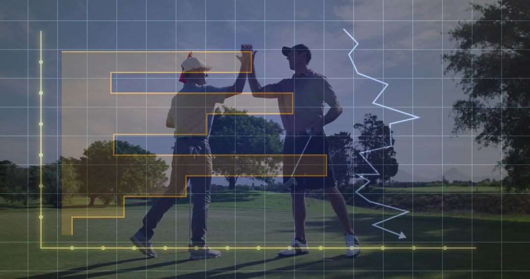 Golfers High-Fiving with Analytics Overlay on Course