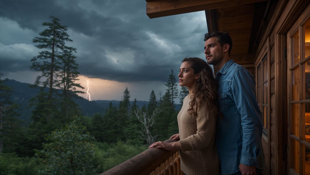 Couple Watching Lightning Over Forest From Cabin Balcony at Stormy Dusk — Intimate Moment