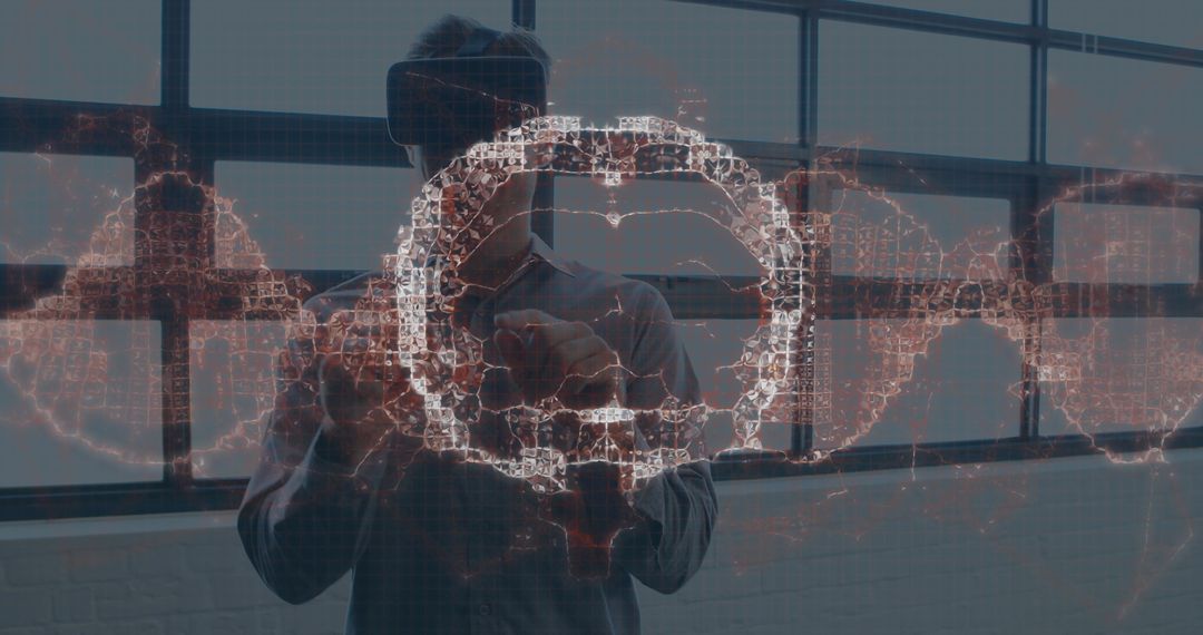 Businessman Using VR Headset with Rotating Brain and Data Visualization