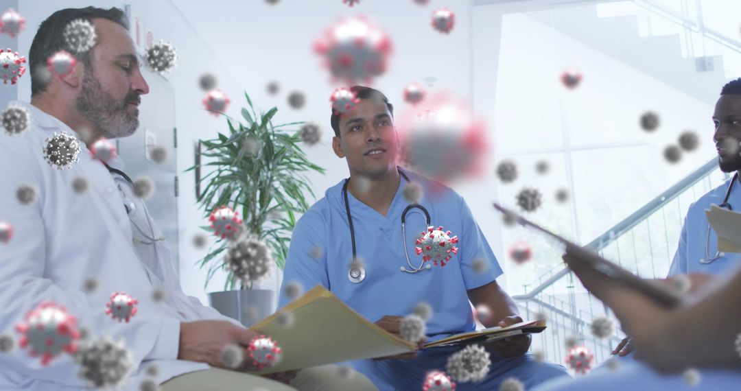 Medical Team Collaborating on Pandemic Response with Virus Imagery