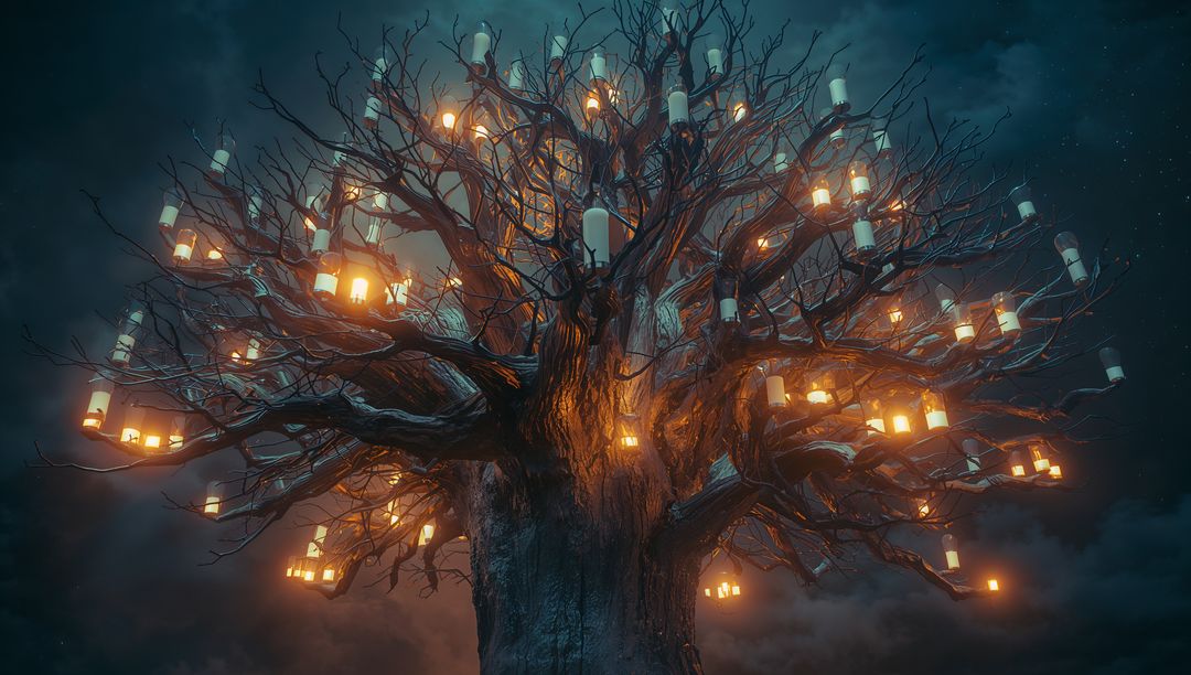 Mystical Enchanted Tree Illuminated by Lanterns at Night