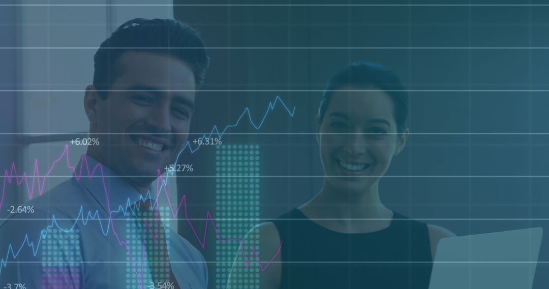 Financial Analysts with Graph Overlay Discussing Market Trends