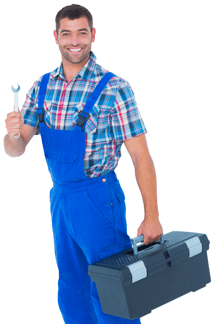 Transparent Handyman Holding Toolbox and Wrench Smiling Proudly