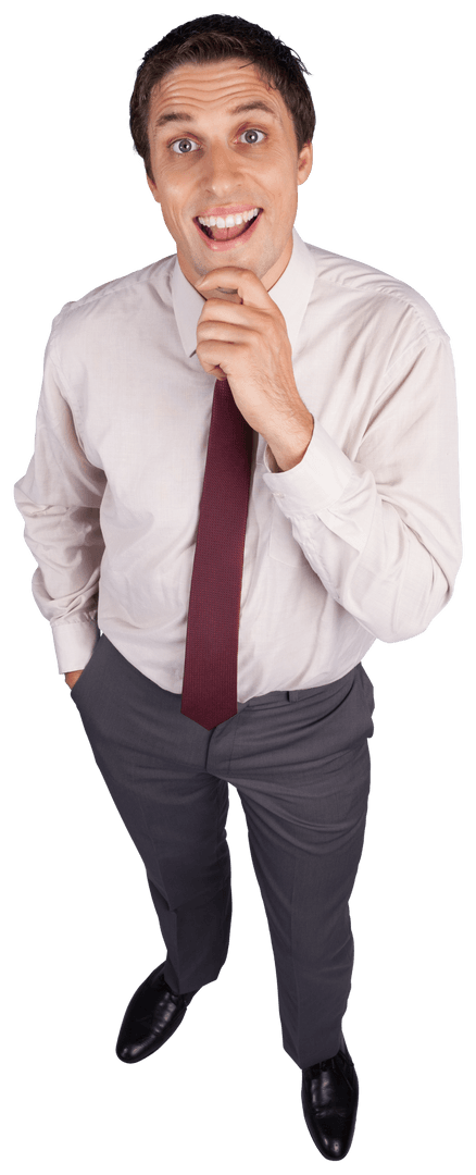 Smiling businessman touching chin for transparent creativity concept