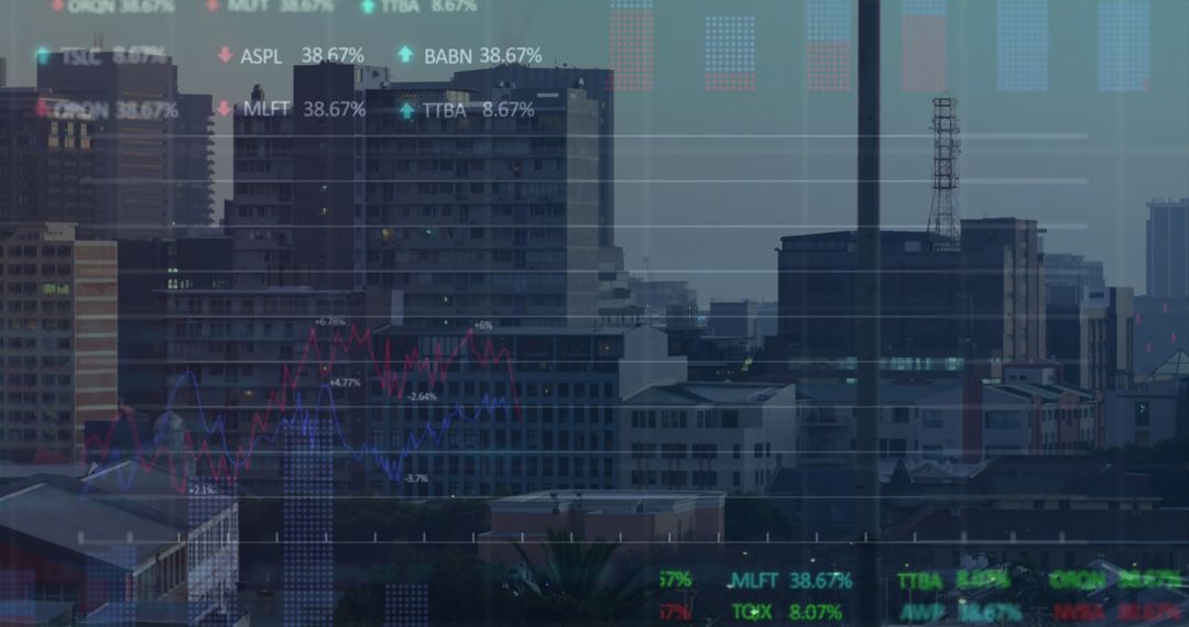 Digital Financial Data Overlayering Urban Skyline