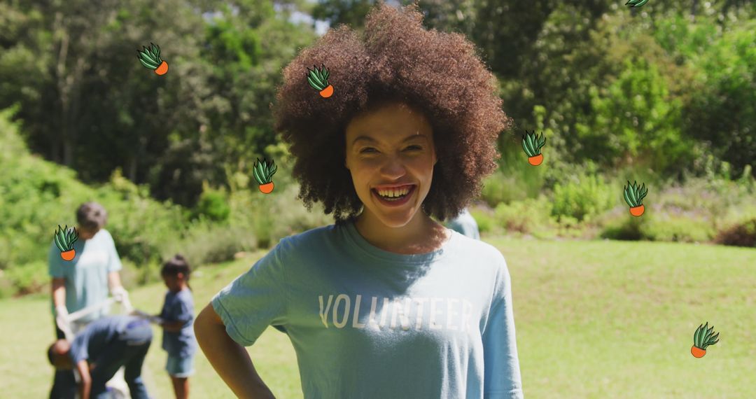 Joyful Volunteer Woman in Park with Nature Background