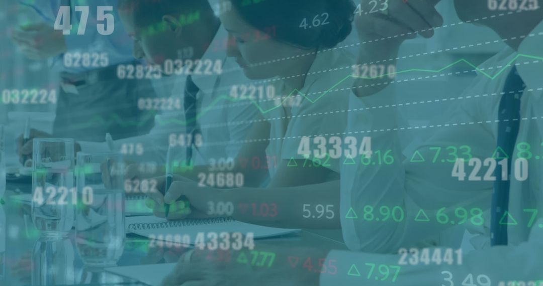 Futuristic Business Team Analyzing Data with Technological Overlay