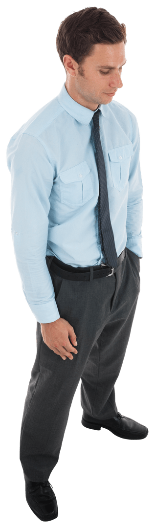 Transparent Young Businessman Contemplating with Hands in Pockets