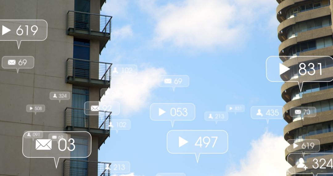 Digital Engagement Icons Floating Over Modern Skyscrapers