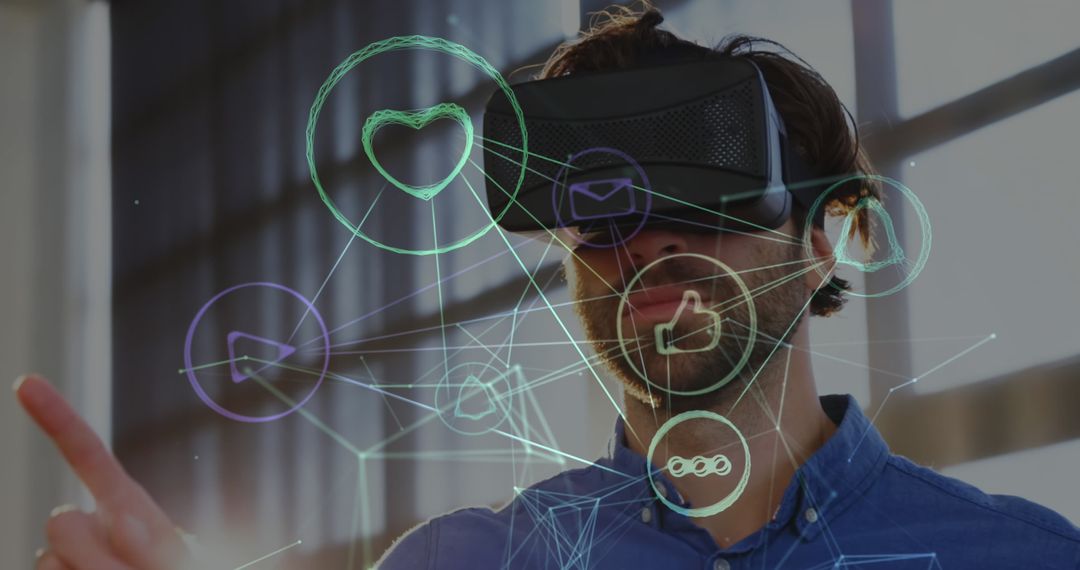 Man Engaging with Digital Interface Through VR Headset