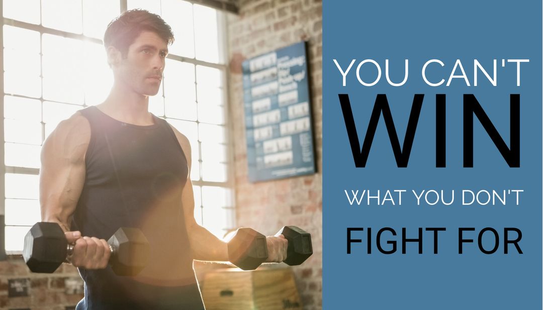 Focused Man Lifting Weights in Gym with Motivational Quote