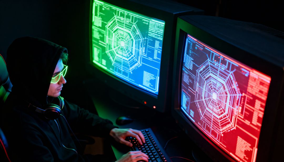 Typing hacker wearing hoodie and reflective glasses at dual CRT monitors displaying neon code
