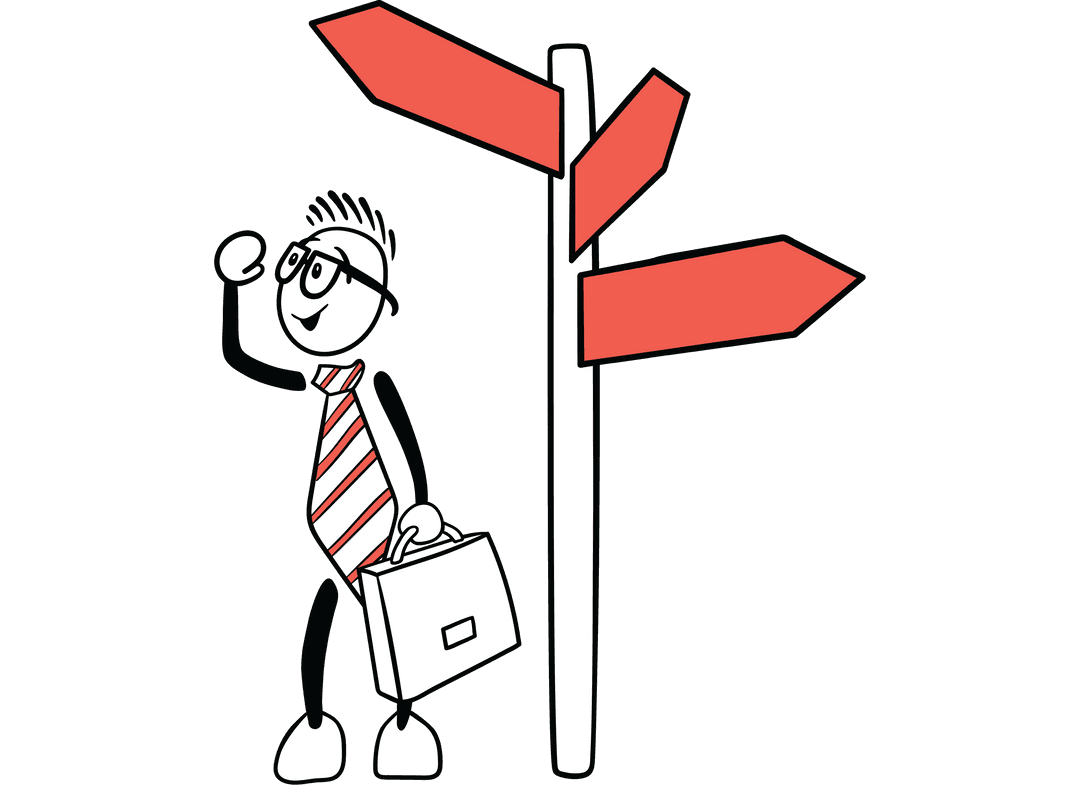 Businessman Traveling Exploring Path Next to Sign on Transparent Background