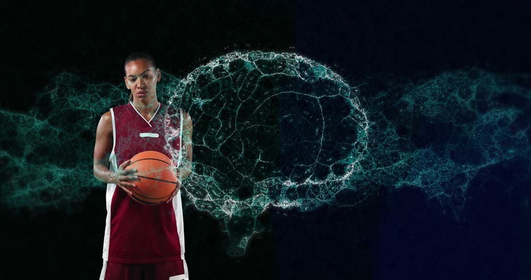 Image of digital brain spinning over female basketball player holding ball - Free Images, Stock Photos and Pictures on Pikwizard.com