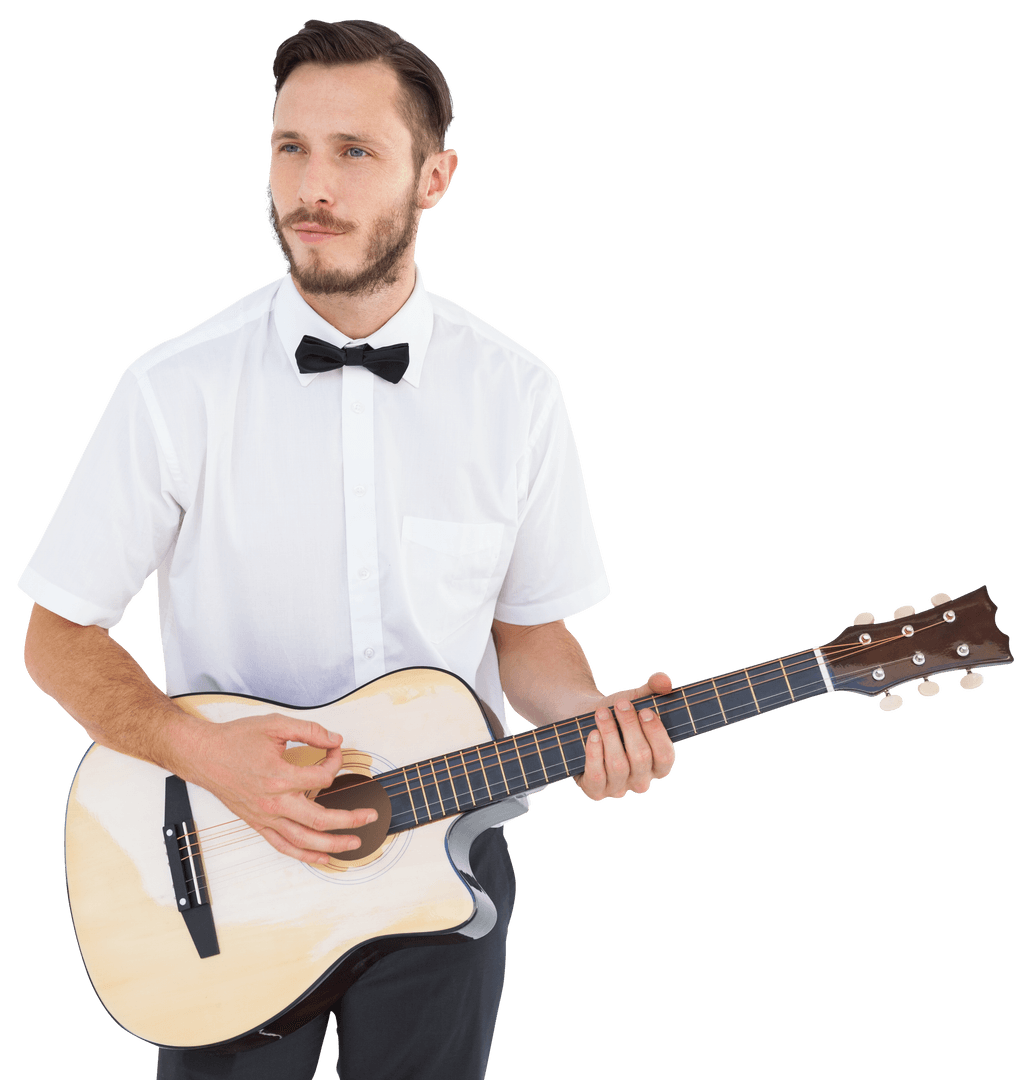 Focused Man in Bow Tie Playing Acoustic Guitar on Transparent Background