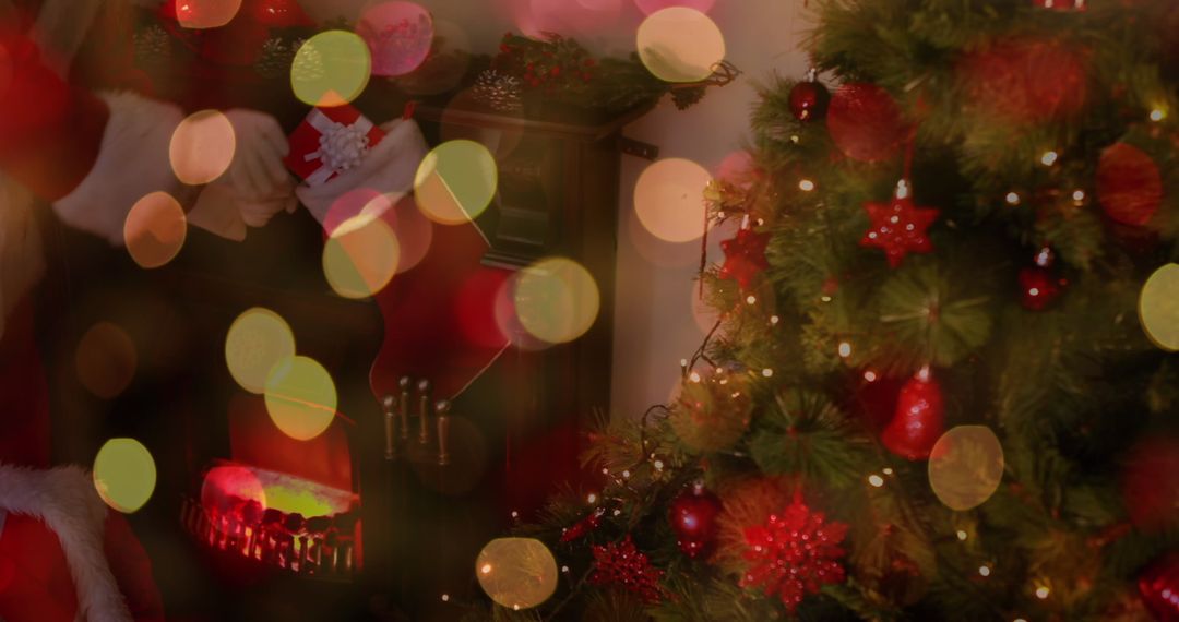 Santa Claus Giving Present Into Christmas Stocking Near Tree