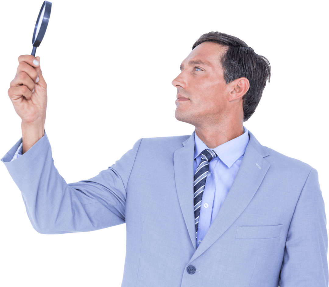 Transparent Businessman Examining Magnifying Glass in Suit