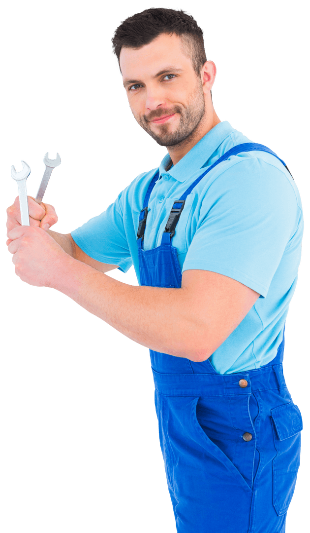 Transparent Smiling Mechanic Holding Wrenches in Blue Overalls