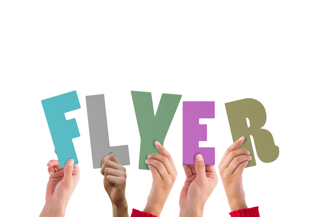 Transparent Letters Forming the Word Flyer Raised by Hands