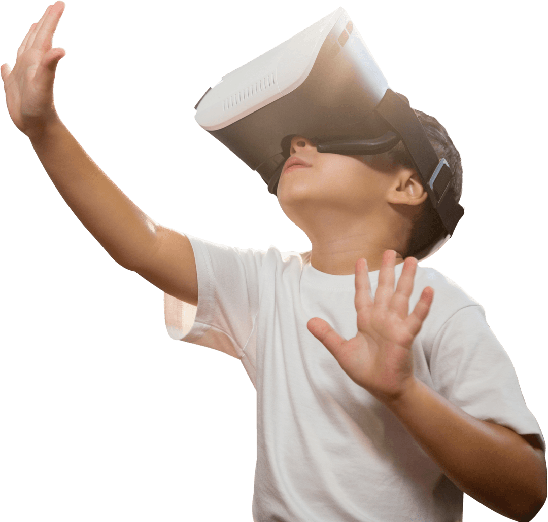 Boy Experiencing Interactive Virtual Reality with VR Glasses Transparent