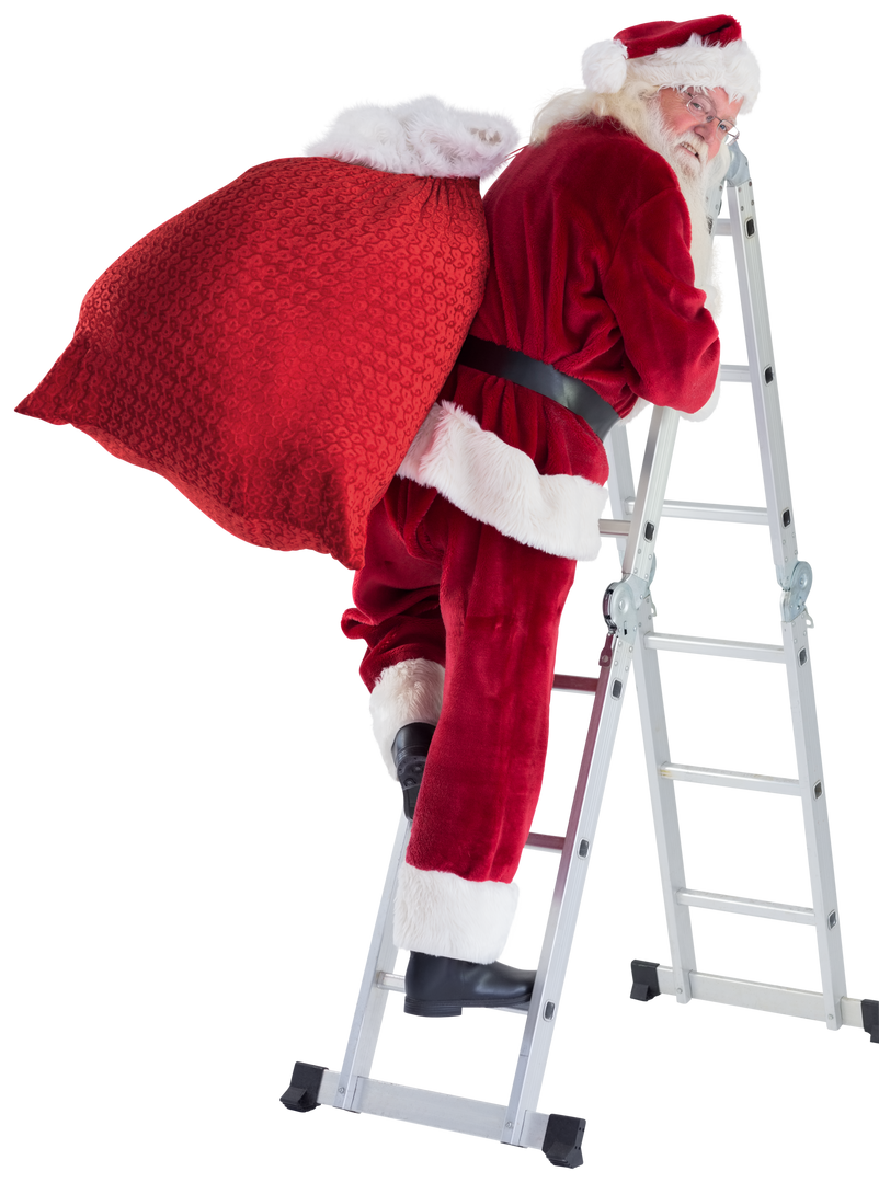 Transparent Santa Climbing Ladder Holding Red Sack - Download Free Stock Images Pikwizard.com