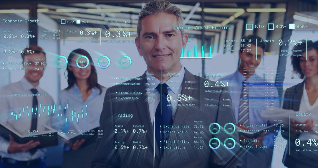 Diverse Business Leaders Analyzing Virtual Financial Dashboard