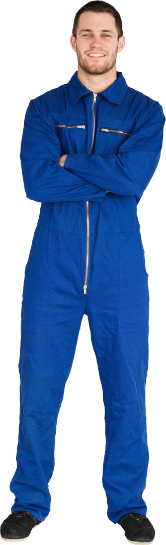 Smiling Male Mechanic in Blue Boiler Suit on Transparent Background