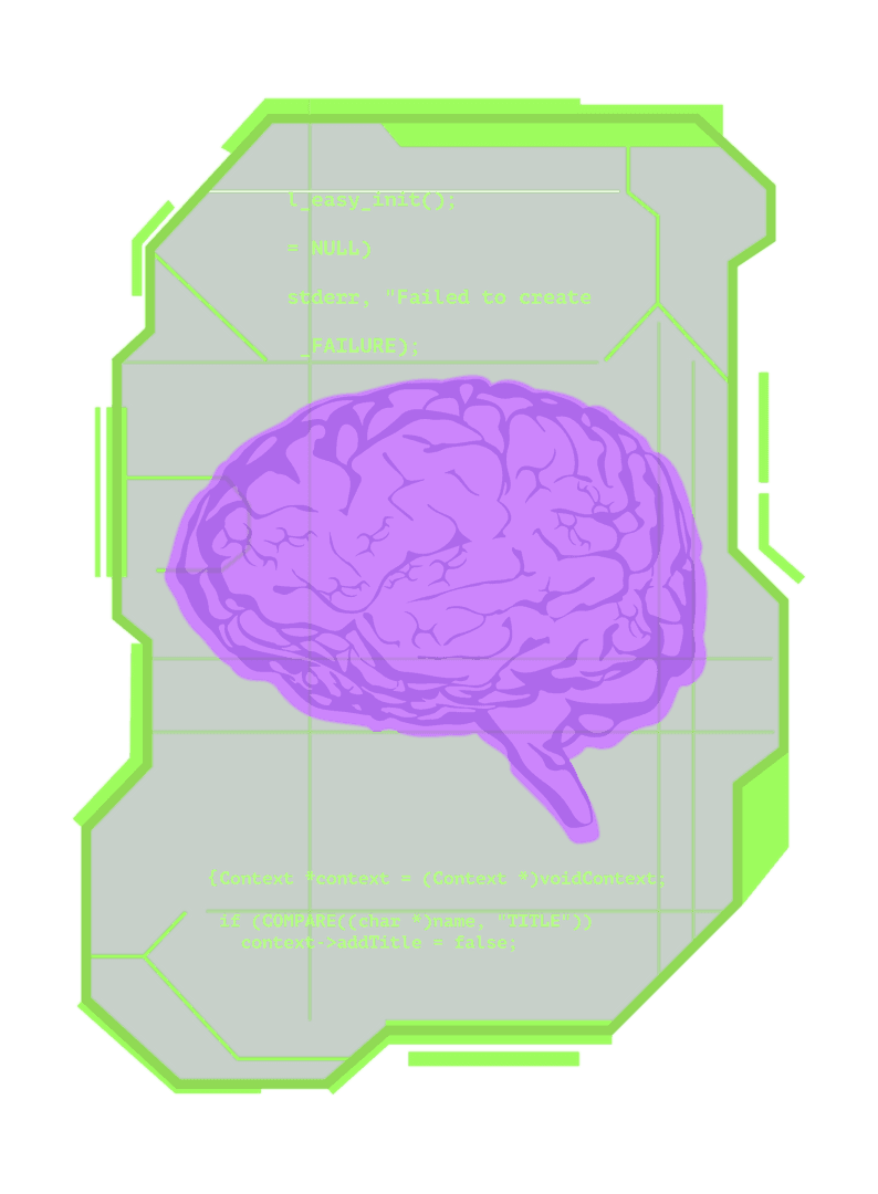 Purple brain with futuristic code interface on transparent background