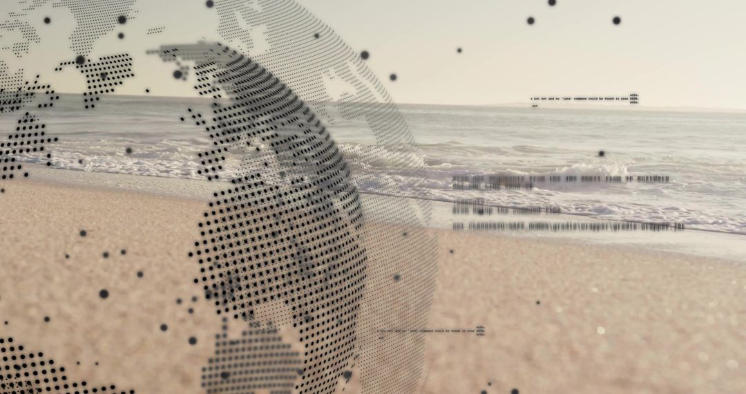 Digital Dot-Matrix Globe Above Sandy Shore Indicating Global Connectivity