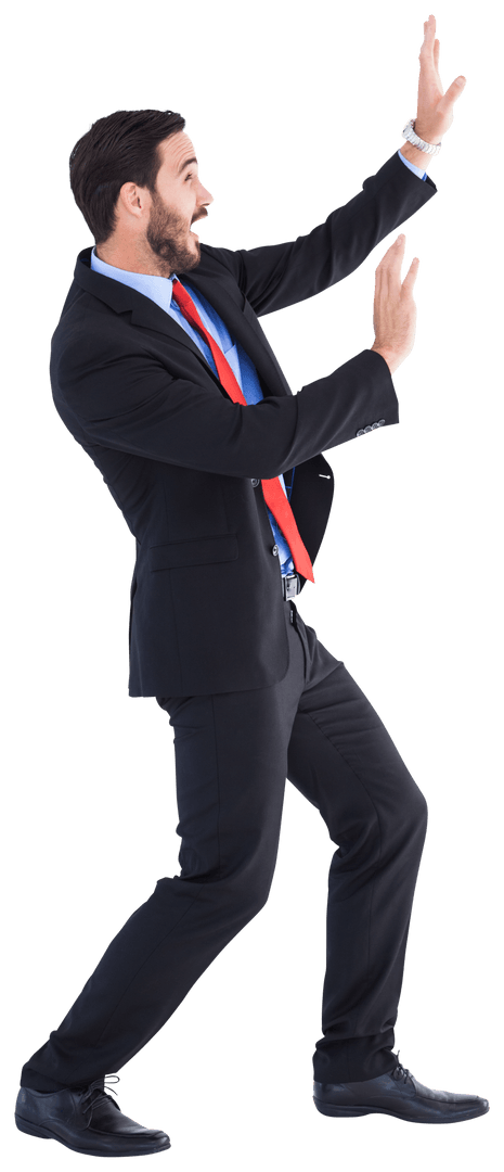 Transparent Human Protecting Himself in Fear with Elevated Hands