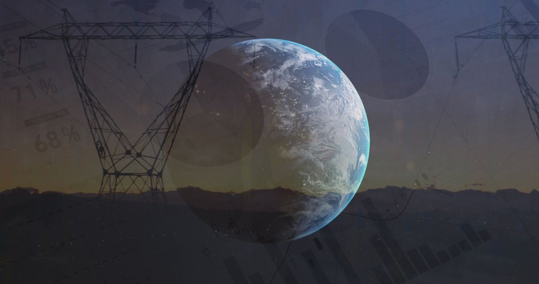 Futuristic Globe Hovering Over Mountains with Technology Overlay