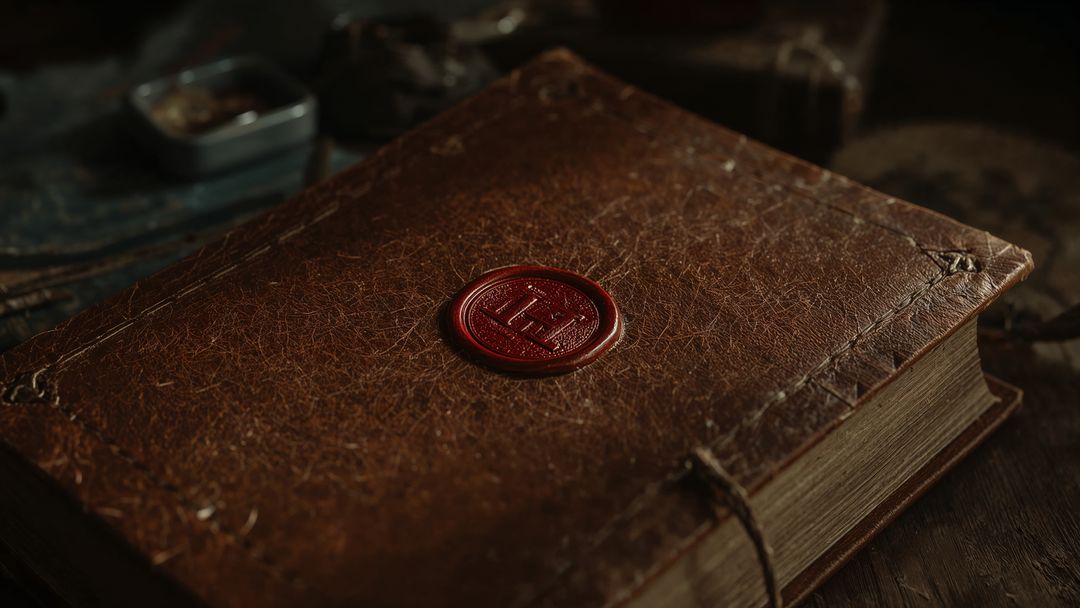 Vintage Leather Book with Red Wax Seal on Rustic Table