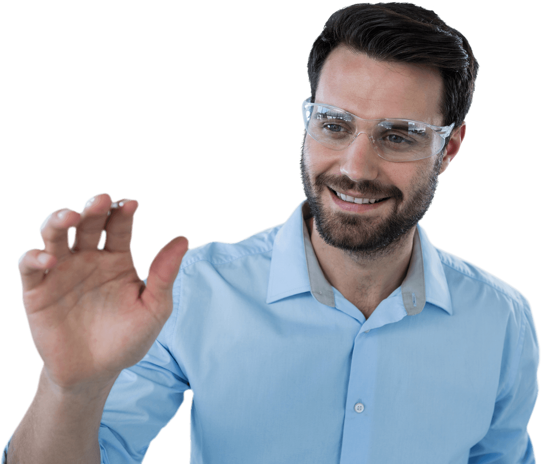 Man Wearing Transparent Protective Eyewear Reaching for Invisible Goal
