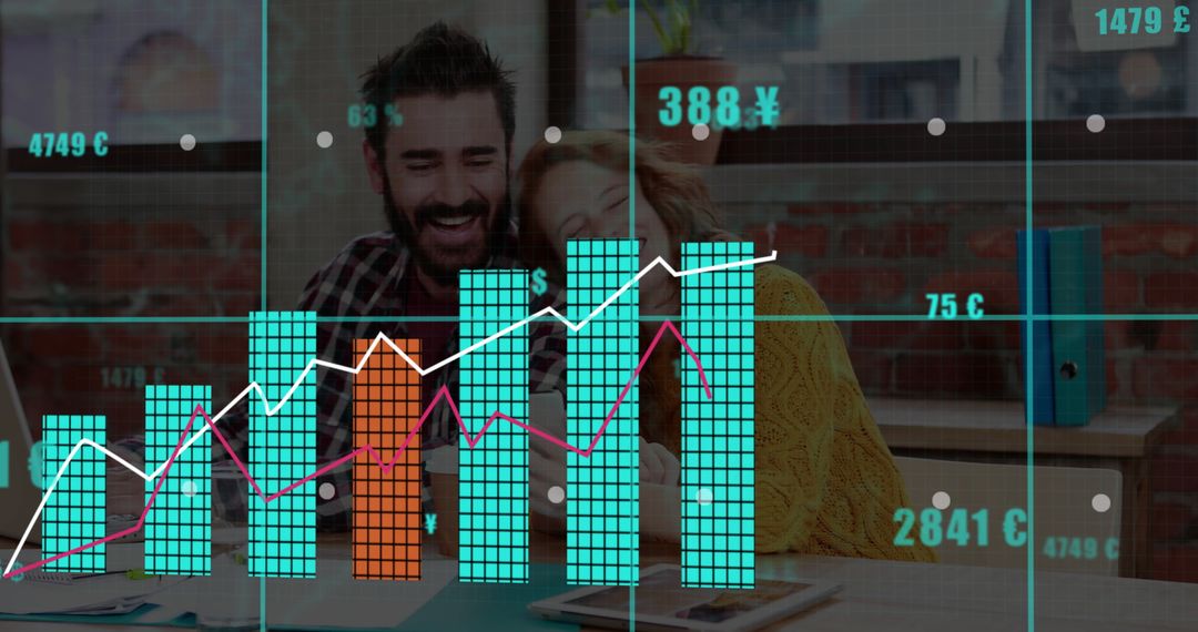 Joyful Couple Collaborating at Home Office with Digital Graph Overlay