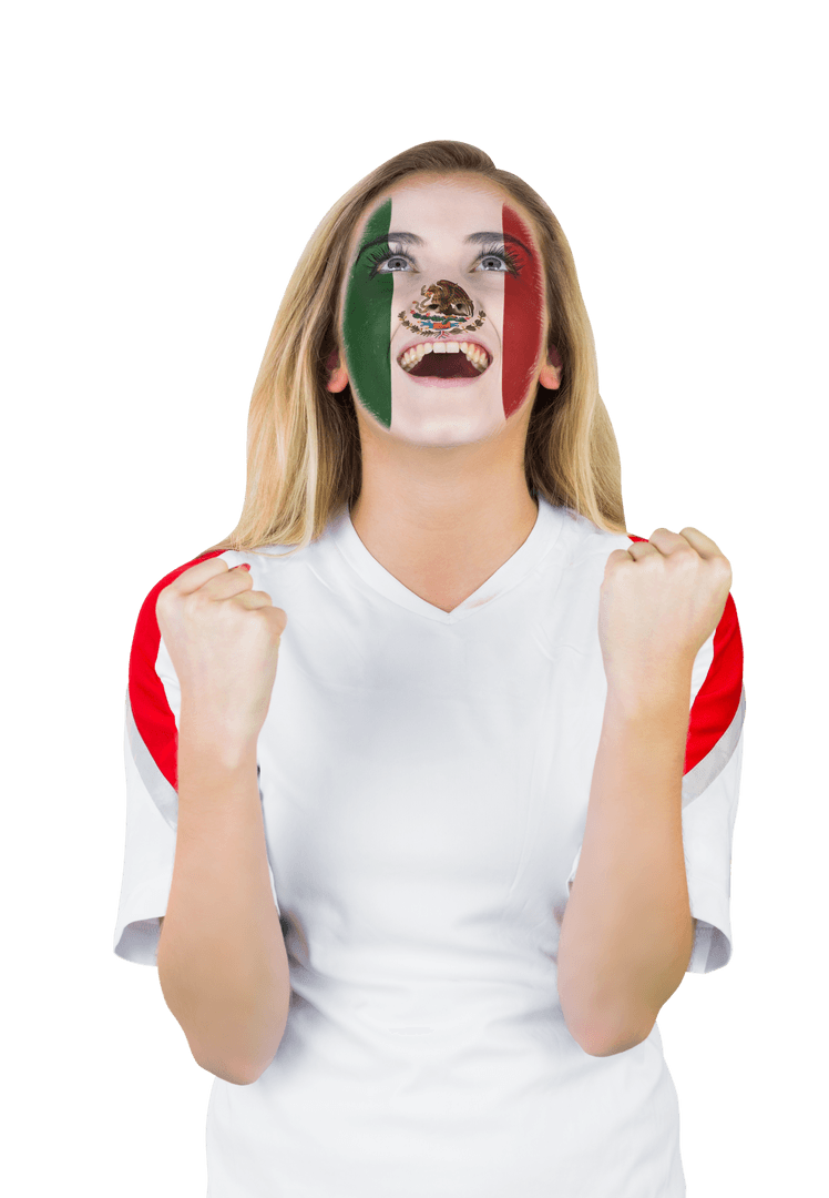 Excited Mexico Fan Cheering with Painted Face on Transparent Background