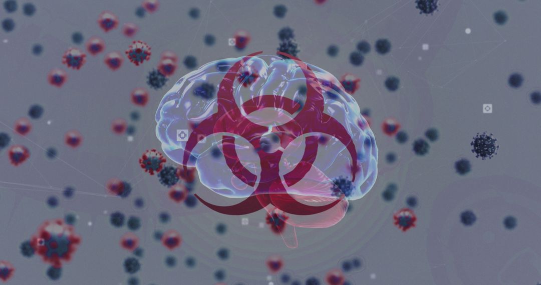 Biohazard Symbol on Brain with Coronavirus Particles
