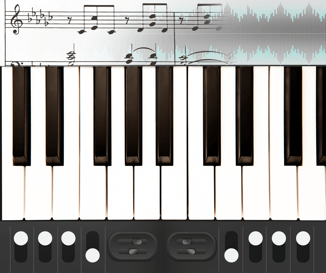 Piano Keyboard with Musical Notes on Transparent Background