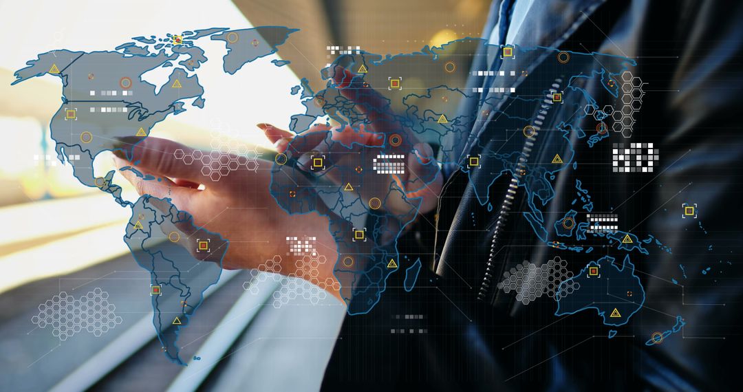 Business Professional Using Smartphone with Global Data Overlay