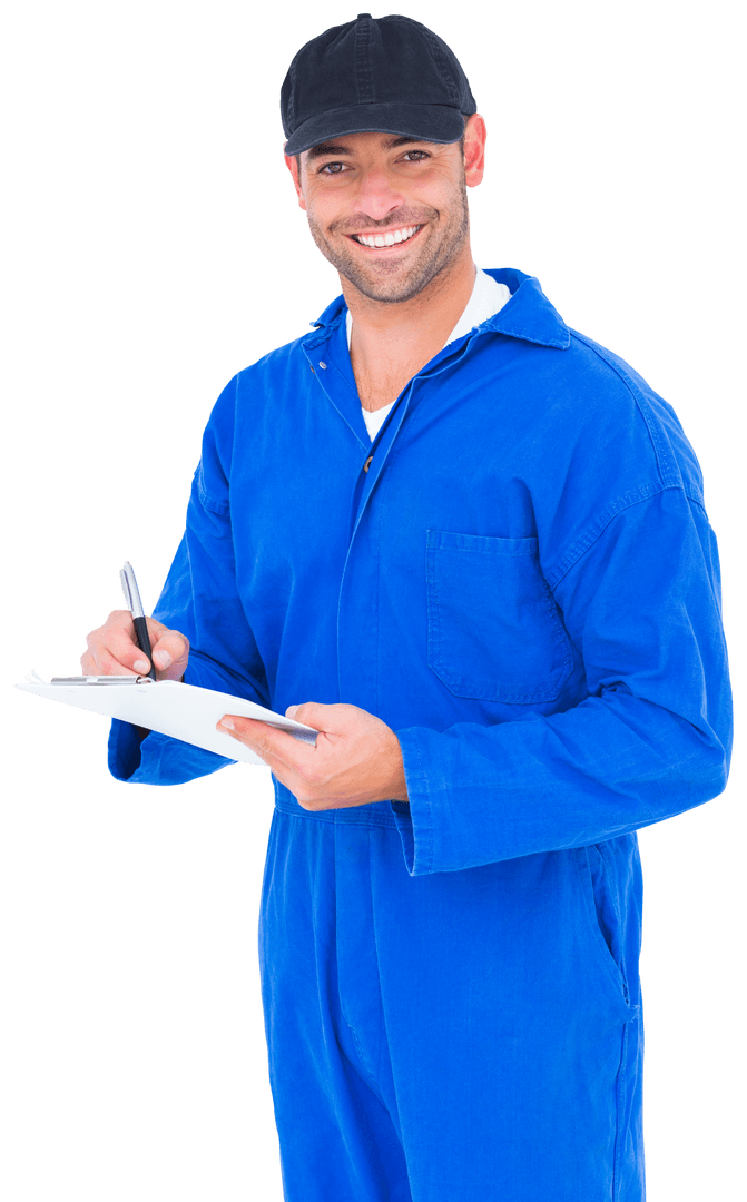 Transparent Background Smiling Handyman Writing on Clipboard