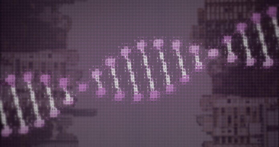 Futuristic DNA Helix with Magenta Nodes on Purple Grid Background
