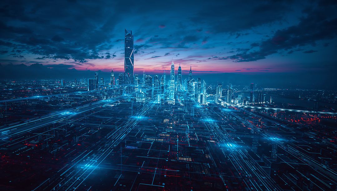 Futuristic Urban Skyline with Neon Digital Circuit Grid