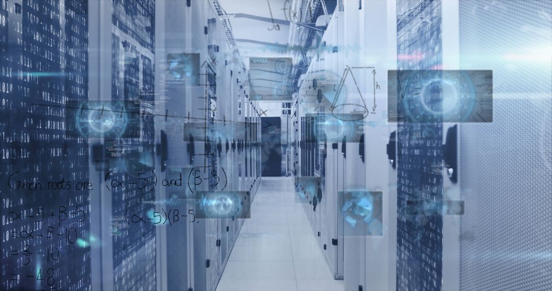 Data Center Aisle with Illuminated Digital Overlays and Cable Trays