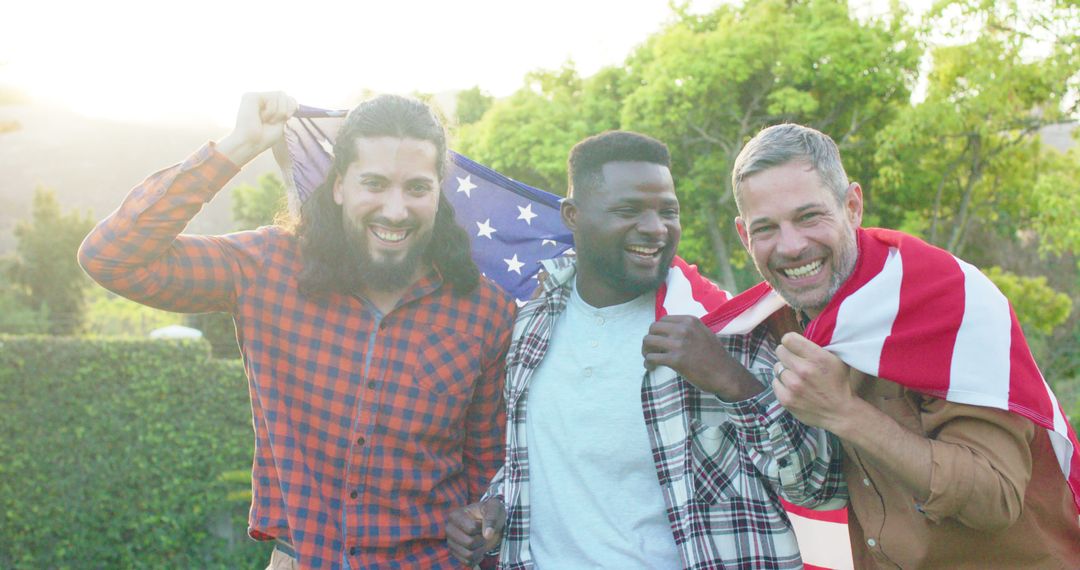 Three Diverse Men Celebrating with American Flag Outdoors - Free Images, Stock Photos and Pictures on Pikwizard.com