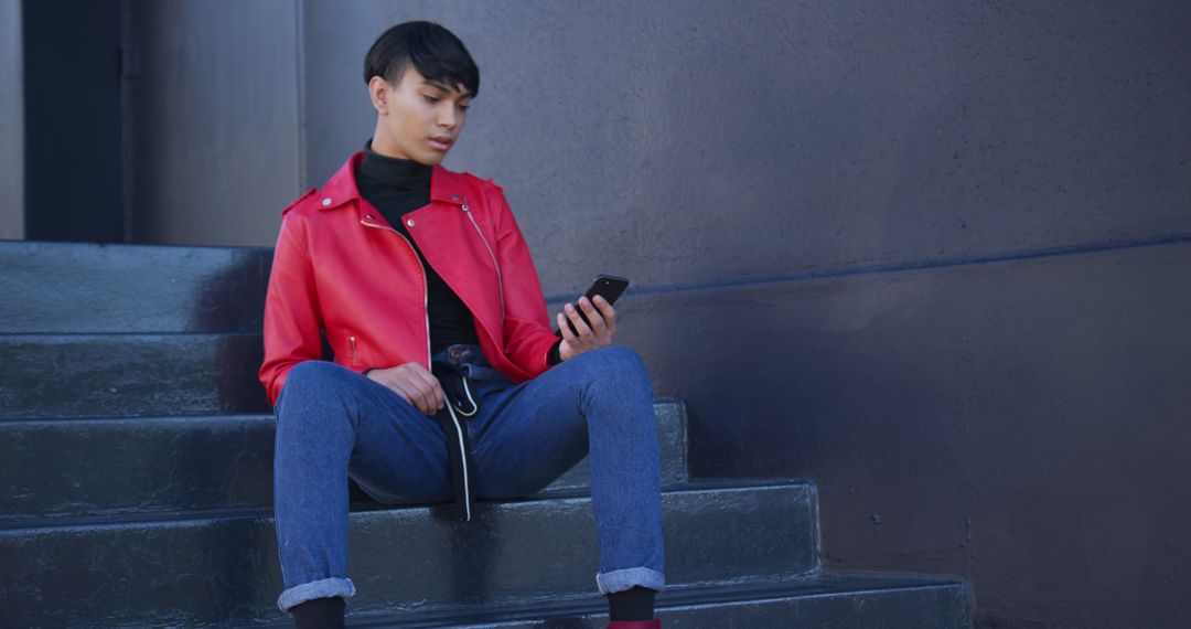 Stylish Young Man in Red Jacket Using Smartphone on Urban Staircase - Free Images, Stock Photos and Pictures on Pikwizard.com