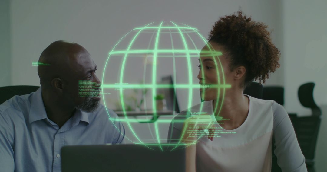 Diverse Professionals Collaborating with Holographic Technology