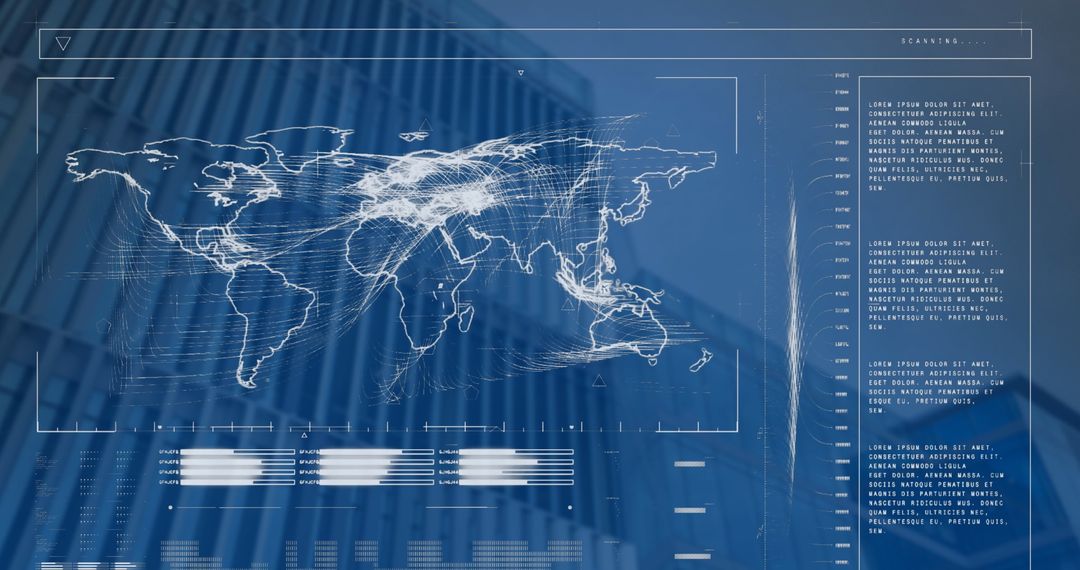 Digital World Map Interface Overlay on Skyscraper